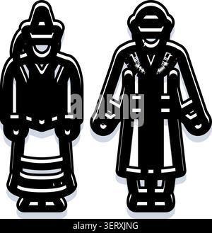 Persone in tipico deel mongolo in stile icona in bianco e nero, raffiguranti il patrimonio etnico nomade e sagome popolari per cultura e isto Illustrazione Vettoriale