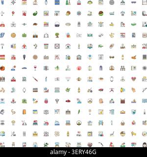 Serie variegata di icone di linea colorate con simboli diversi, che descrivono i concetti di business, tecnologia, comunicazione, istruzione, finanza, e lo stile di vita Illustrazione Vettoriale
