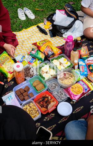 Pekanbaru, Indonesia - 1° maggio 2025: Cibo da picnic assortito e spuntini sparsi su una coperta per un incontro sociale durante il giorno Foto Stock