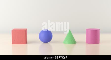Primitive geometriche di colore rosso, blu, grigio e rosa - scatola, sfera, cono e cilindro, su sfondo tavolo in legno con messa a fuoco selettiva, diversità, ab Foto Stock