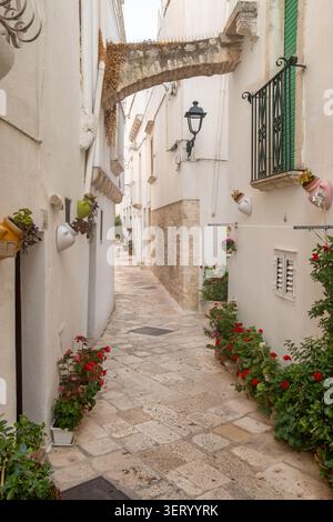 Via stretta con le Case bianche a Locorotondo, Italia Foto Stock