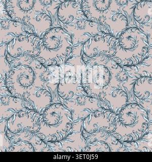 Motivo ornamentale ad acquerello senza cuciture con rotoli botanici e foglie decorative. Ideale per marchi di lusso, carta da parati e articoli di cancelleria Foto Stock