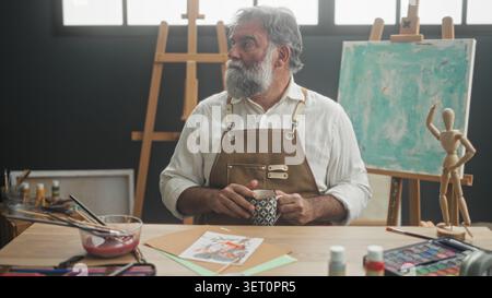 L'uomo pittore in grembiule mescola il cucchiaio in tazza mentre seduto al cavalletto con tela in studio; contemplazione tranquilla. Foto Stock