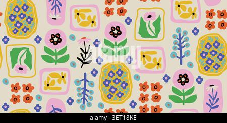 Motivo floreale scandinavo senza cuciture con fiori rosa pastello, giallo, verde, blu e arancio su sfondo beige chiaro, design botanico alla moda minimalista estivo e primaverile per tessuti per bambini, carta da parati, carta da imballaggio, arredamento per vivai, carta da foglietto, e tessuti moderni. Illustrazione vettoriale Illustrazione Vettoriale