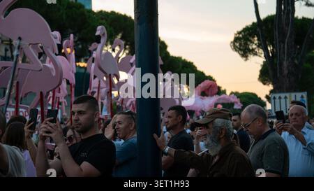 Tirana, Albania – 17 giugno 2026: I manifestanti tengono ritagli rosa di fenicottero che rappresentano la protezione della fauna selvatica e delle zone umide durante una protesta pubblica in Cent Foto Stock