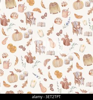Confortevole motivo autunnale hygge senza cuciture, scoiattolo acquerello dipinto a mano, poltrona, zucca, maglione, rotolo di cannella isolato su sfondo beige. Foto Stock