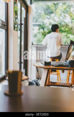 Un accogliente caffè a Tokyo, in Giappone: Persona che lavora con un computer portatile al tavolo di legno vicino a una finestra con vegetazione Foto Stock