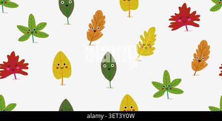 Fantasia a foglia autunnale senza cuciture con fogliame giocoso sorridente in caldi colori autunnali su sfondo bianco, fantasia scandinava, design ripetuto per tessuti per bambini, carta da parati per bambini, tessuti per bambini, libri illustrati, carta da imballaggio, carta da foglietto e allegri arredi stagionali. Illustrazione vettoriale Illustrazione Vettoriale