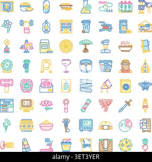 Diverse icone di line art raffiguranti vari oggetti, simboli e concetti, tra cui industria, salute, cibo, natura e tecnologia, presentato come Illustrazione Vettoriale