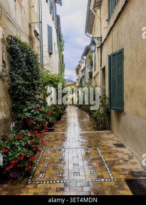 Vicolo stretto a Cassis, in Francia, in un giorno d'estate piovoso. Strade della città vecchia di Cassis nel sud della Francia in un giorno di pioggia d'estate Foto Stock