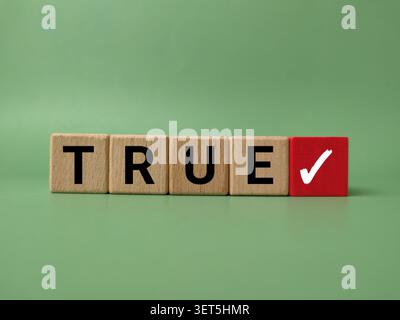 I blocchi di legno che scrivono TRUE si trovano su una superficie verde accanto a un blocco rosso con un segno di spunta bianco. Foto Stock