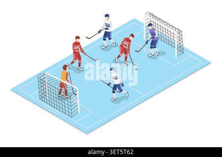 Illustrazione piatta isometrica 3D di hockey su ghiaccio, gioco o campionato Foto Stock
