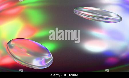 Splendido sfondo iridescente con elementi in vetro fluido e liscio su uno sfondo sfumato e colorato. Il modello di glassmorfismo alla moda crea un pr Foto Stock
