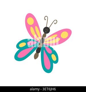 Splendida illustrazione a farfalla con vivaci ali ali pastello in uno stravagante stile vettoriale piatto. Adorabile illustrazione per l'arredamento dei bambini, adesivi Illustrazione Vettoriale
