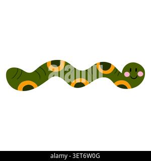 Carino e felice caterpillar che scorre in un semplice stile cartoni animati. Illustrazione di insetti giallo e verde vibrante, perfetta per l'arredamento dei bambini Illustrazione Vettoriale
