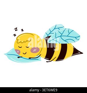 Simpatico personaggio delle api addormentate in un allegro stile cartoni animati piatto. Illustrazione di insetti giallo e nero vibranti, perfetta per l'arredamento dei bambini, proje educativo Illustrazione Vettoriale