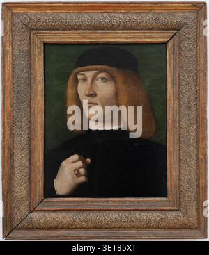 Ritratto di un giovane di Bartolomeo Veneto, 1505 circa. Pittura ad olio rinascimentale su tela. Ospitato presso il museo alte Pinakothek di Monaco, Germania. Foto Stock