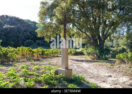 Una croce di ferro decorativa su un piedistallo in pietra sorge tra i vigneti autunnali su una collina sotto un cielo blu nel sud della Francia Foto Stock