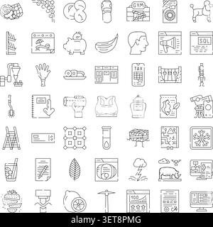 Oggetti vari e concetti diversi illustrati come simboli vettoriali in bianco e nero, creando una raccolta completa per vari oggetti Illustrazione Vettoriale