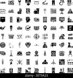 Ampia collezione di icone di glifi in bianco e nero dettagliate, che offre simboli ed elementi di design diversi per tecnologia, affari, cibo, finanza e viaggi Illustrazione Vettoriale