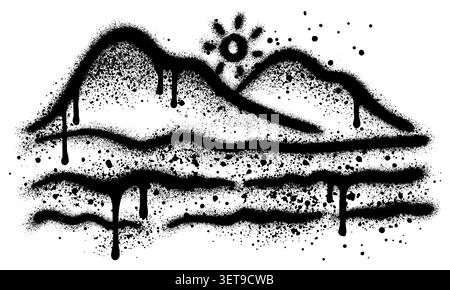 Graffiti sulla spiaggia, spiagge, montagne, sole tra le nuvole. Natura e paesaggio. Illustrazione Vettoriale
