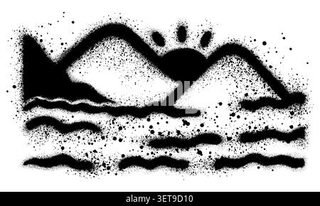 Graffiti sulla spiaggia, spiagge, montagne, sole tra le nuvole. Natura e paesaggio. Illustrazione Vettoriale
