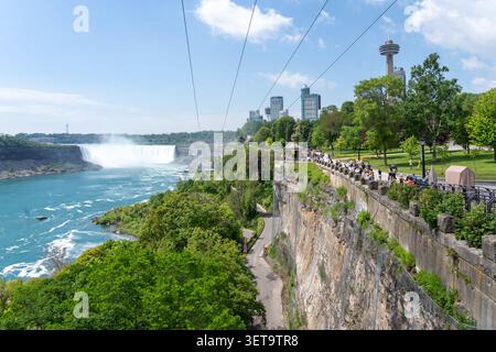 Il sentiero pedonale del Niagara Parkway e un'attrazione con teleferica con le Horseshoe Falls canadesi sullo sfondo. Cascate del Niagara, Ontario, Canada. Foto Stock