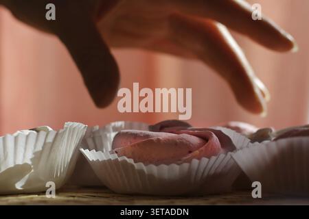 Marshmallow fatti in casa dessert dolce con frutti di bosco e vaniglia. Messa a fuoco selettiva Foto Stock