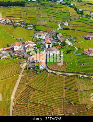 Vista aerea che mostra i vigneti terrazzati e un affascinante villaggio nella regione di Lavaux Foto Stock