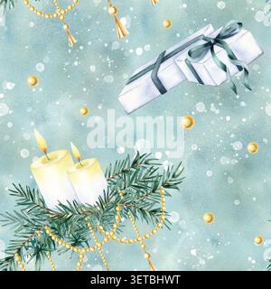 Motivo natalizio senza cuciture, sfondo astratto con acquerello natalizio e schizzi. Confezione regalo, ramo di abete rosso, candela accesa ed elementi dorati. Disegnato a mano Foto Stock
