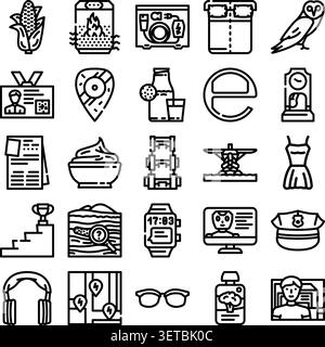 Raccolta di icone di linee nere che rappresentano vari oggetti e concetti come mais, letto, orologio, carta d'identità, occhiali, cuffie, abbigliamento, mappa, wate Illustrazione Vettoriale