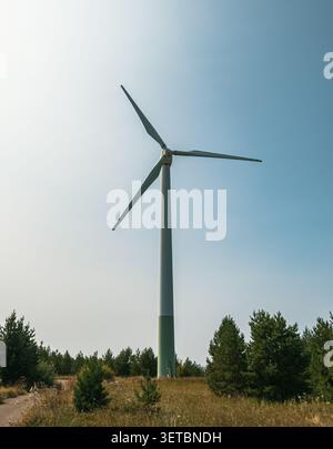 Un'alta turbina eolica si erge su un cielo azzurro limpido circondato da campi verdi in una giornata di sole in un paesaggio aperto Foto Stock
