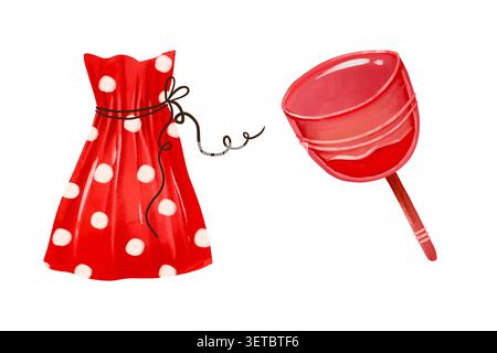 Coppetta mestruale ecocompatibile con astuccio rosso per la conservazione dei polli di polka per una pubblicità sostenibile per la cura del periodo e blog per lo stile di vita senza sprechi disegnati a mano c Foto Stock
