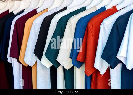 File di colorate t-shirt di cotone di base appese su un rack in un mercato di abbigliamento. Concetto: Vendita al dettaglio di massa, moda accessibile e guardaroba casual Foto Stock