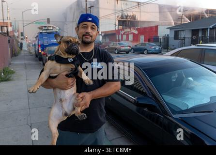 Los Angeles, California, Stati Uniti. 21 giugno 2026. Un uomo che vive proprio accanto al magazzino dei lignaggi in fiamme a Boyle Heights tiene il suo Bull Dog mentre il fumo spessa sale sul quartiere, coprendo i residenti e i loro animali domestici con fumo e fumi. Sullo sfondo è possibile vedere l'acqua dei camion antincendio spruzzata sul gigantesco edificio che si sta fumando. (Immagine di credito: © Amy Katz/ZUMA Press Wire) SOLO PER USO EDITORIALE! Non per USO commerciale! Crediti: ZUMA Press, Inc./Alamy Live News Foto Stock