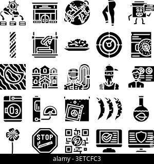 Set di icone di glifo in bianco e nero che rappresentano diversi temi scientifici, industriali, ambientali e tecnologici, fornendo una visione completa Illustrazione Vettoriale