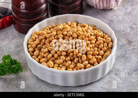 Semi di soia crudi essiccati in un recipiente in ceramica bianca. La luce brillante illumina i fagioli di colore giallo chiaro su una superficie ruvida grigia. Ingrediente alimentare sano, proteina vegana Foto Stock
