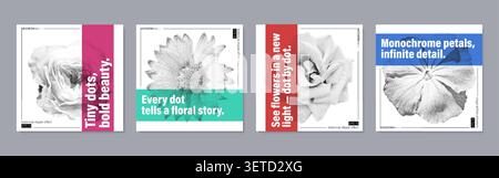 Set di volantini botanici con effetto fotocopie retrò. Fiori stipati Lychnis coronaria, Gaillardia Rose grana, mezzitoni grunge. Biglietti bianchi Y2K con Illustrazione Vettoriale