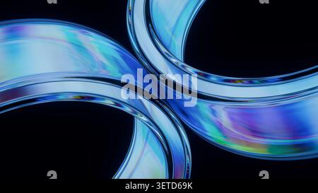 Anelli in vetro iridescente con dispersione luminosa su sfondo scuro. Atmosfera elegante e futuristica, ideale per progetti tecnologici, di branding di lusso o di arte digitale. 3D. Foto Stock