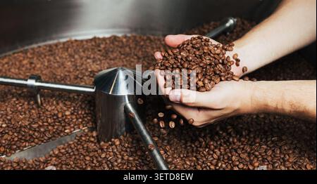 Primo piano di un barista maschio che raccoglie i chicchi di caffè dal tamburo della macchina Foto Stock