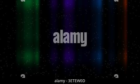 I colori brillanti di verde, blu e viola brillano su uno sfondo scuro. Le luci creano una scena dinamica e coinvolgente, perfetta per vari design Foto Stock