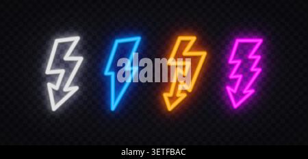 Set di 4 icone di fulmine al neon con punta a freccia in bianco, blu, arancione e rosa su sfondo trasparente scuro. Simboli elettrici brillanti per il gioco Illustrazione Vettoriale