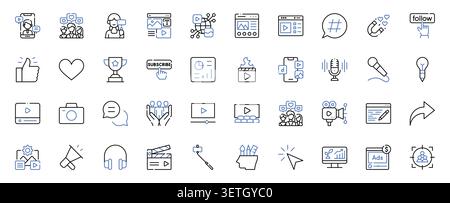 Le icone di Content Creator, Social Media Marketing e Influencer Line Set Editable Stroke Vector Illustration Illustrazione Vettoriale