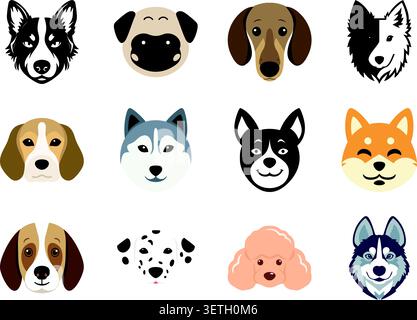 Un colorato set di illustrazioni piatte con diverse facce di razza di cani, tra cui collie di confine, cucciolo, dachshund, beagle, husky, shiba inu, dalmata, cacca Illustrazione Vettoriale