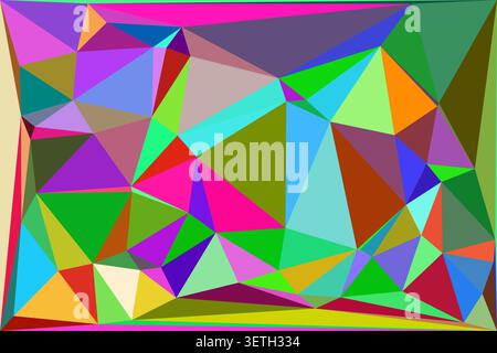 Arte astratta che mostra forme geometriche vibranti, poligoni colorati e triangoli. Composizione artistica digitale dinamica ed energica. Illustrazione Vettoriale