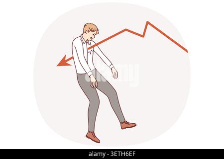 L'uomo d'affari, vittima della crisi e della recessione, è stato ferito dal grafico in calo finanziario che simboleggia l'inflazione. Un uomo d'affari o un investitore è andato in bancarotta o ha perso il lavoro a causa della crisi del mercato del lavoro Illustrazione Vettoriale