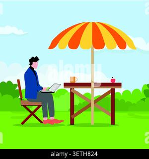 Illustrazione vettoriale piatta di una persona che lavora all'aperto con un laptop sotto un ombrello colorato, che rappresenta il lavoro remoto, l'equilibrio tra lavoro e vita privata, la produzione Illustrazione Vettoriale