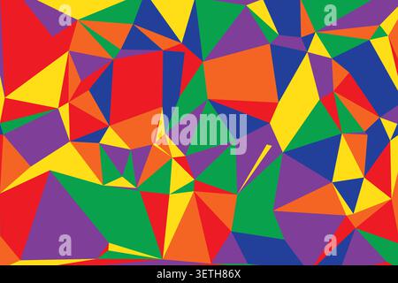 Audace arte astratta dell'arcobaleno, energico motivo geometrico con triangoli e poligoni nitidi, colori vivaci, design dinamico. Illustrazione Vettoriale