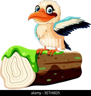 Un grazioso uccello kookaburra si erge su un tronco di legno con muschio in stile vettoriale cartoni animati. Illustrazione Vettoriale