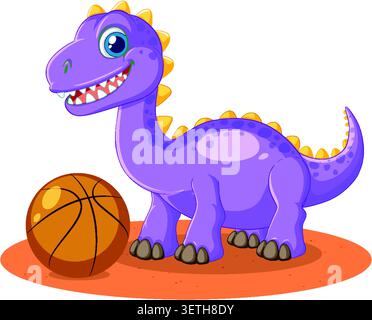Illustrazione vettoriale di un dinosauro viola sorridente con una pallacanestro su una superficie arancione. Illustrazione Vettoriale